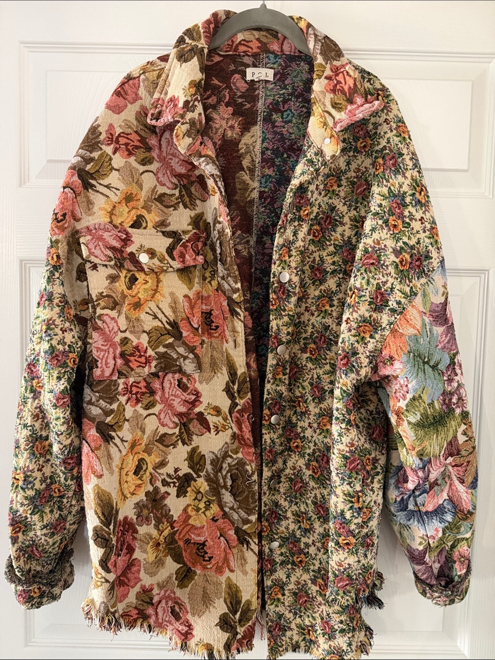 POL Floral Patchwork Utility Jacket in Pink, Green & Cream
